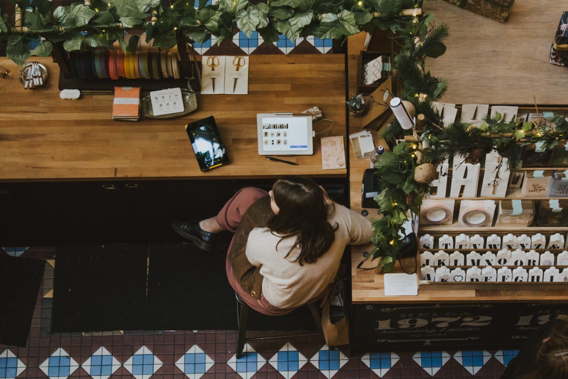 woman overhead shot working at desk