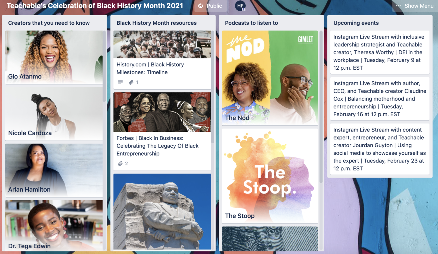 teachable Black History Month Trello board