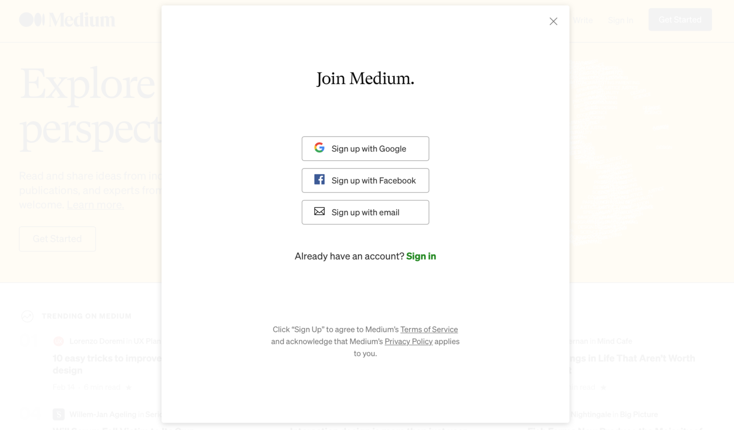 Medium sign up page