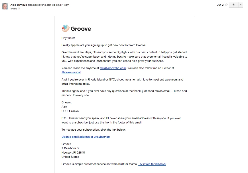 Alex Turnbull welcome email example