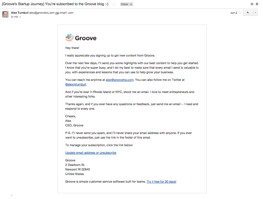 Alex Turnbull welcome email example
