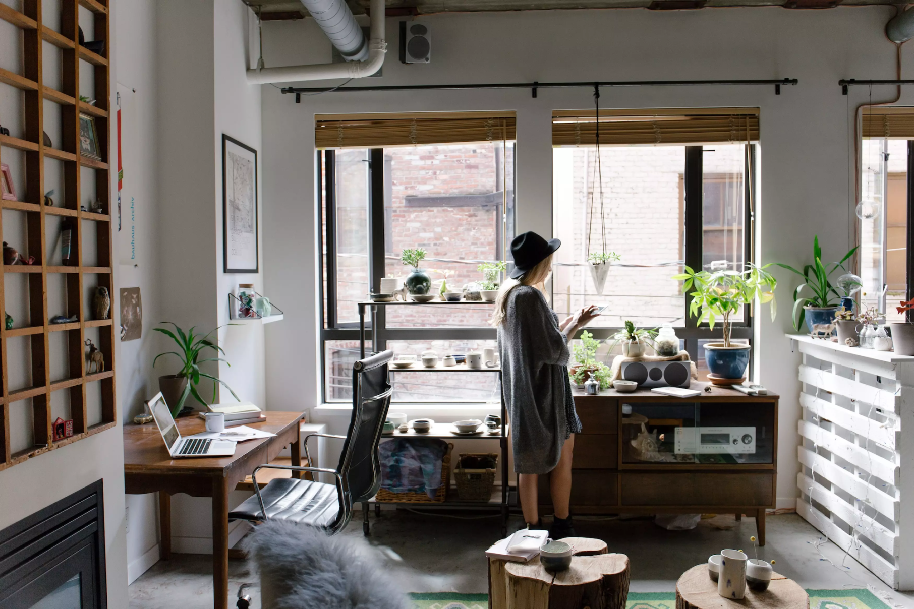 woman in office with plants