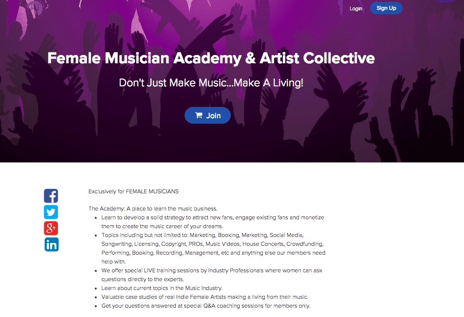 female musician academy course homepage