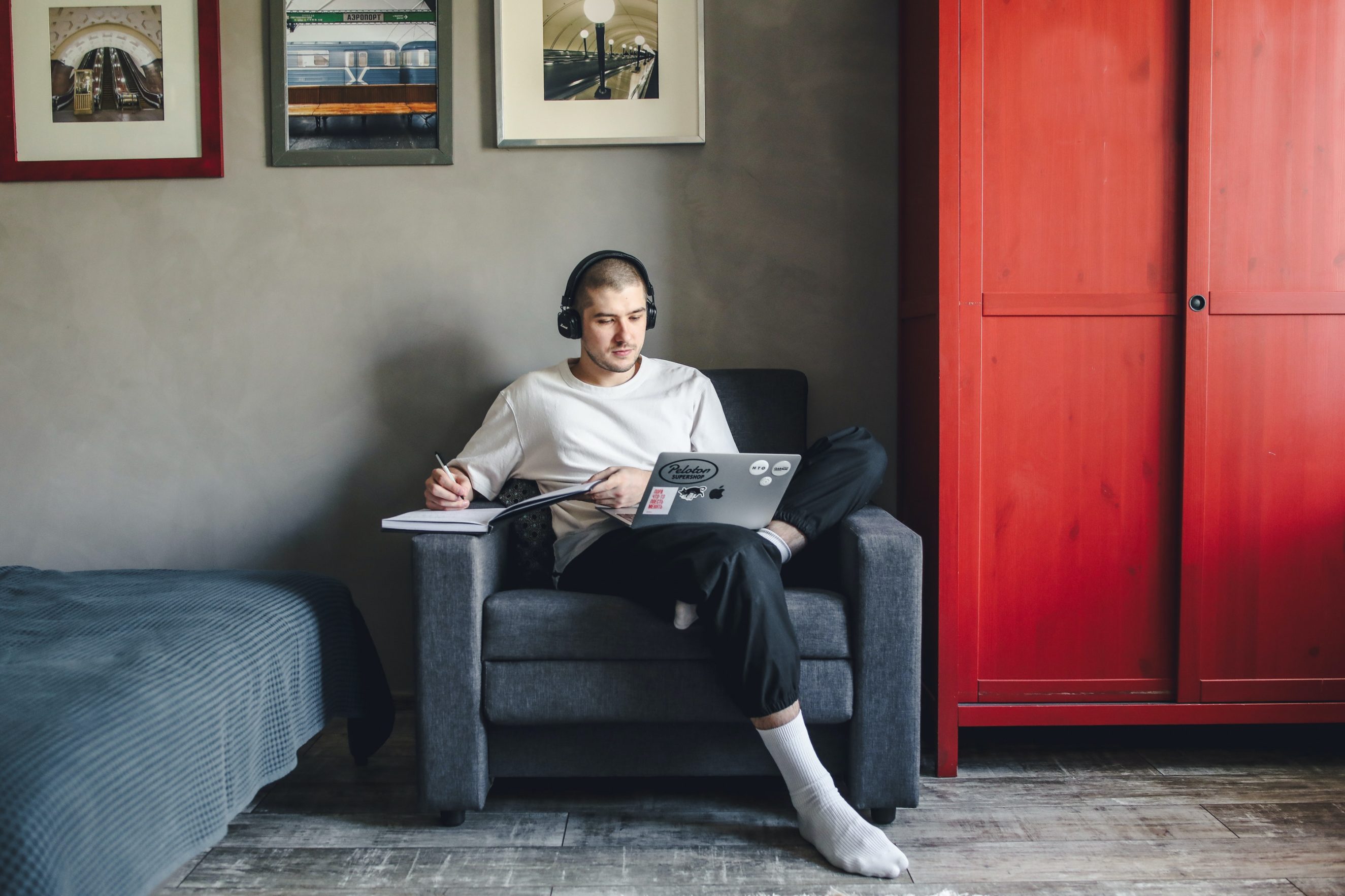 Man working on couch