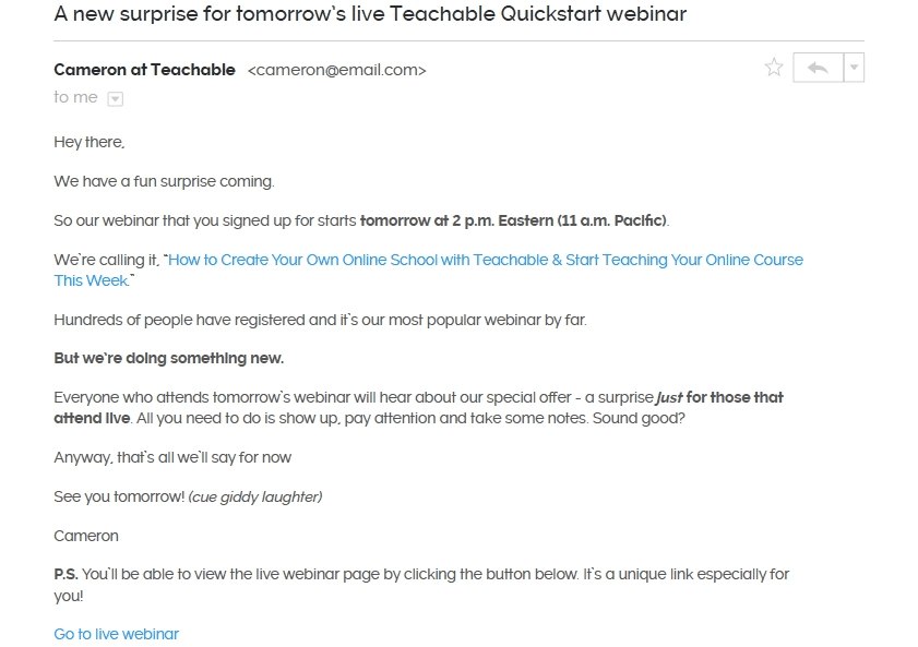 Teachable surprise email