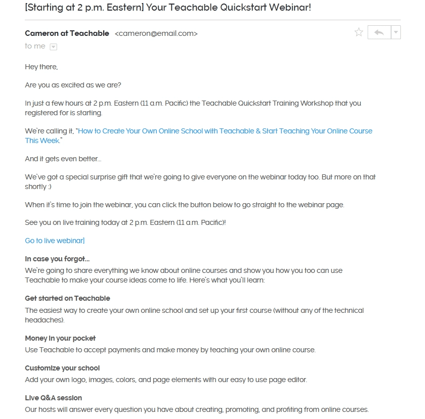 Teachable webinar starting email