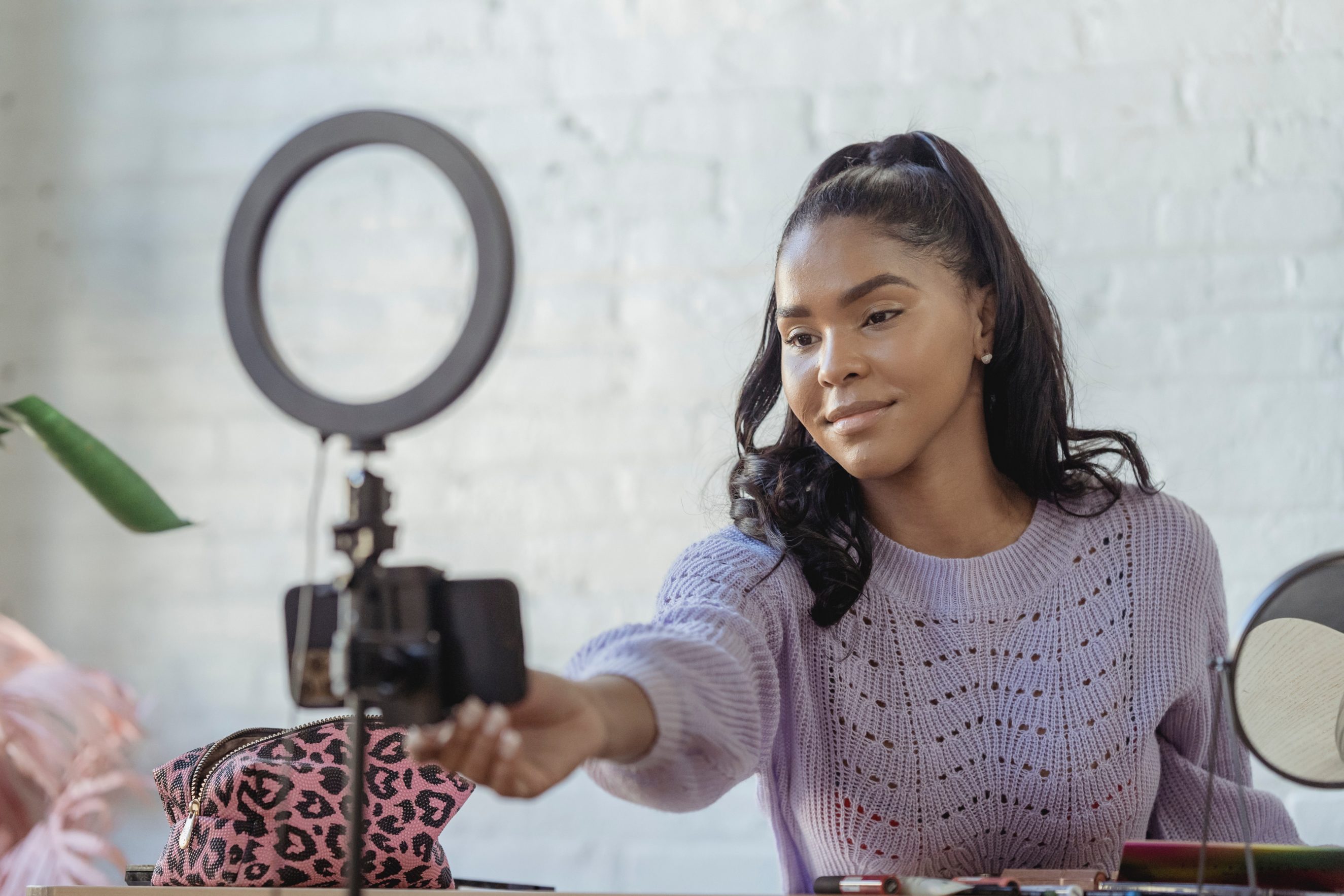 woman setting up phone camera