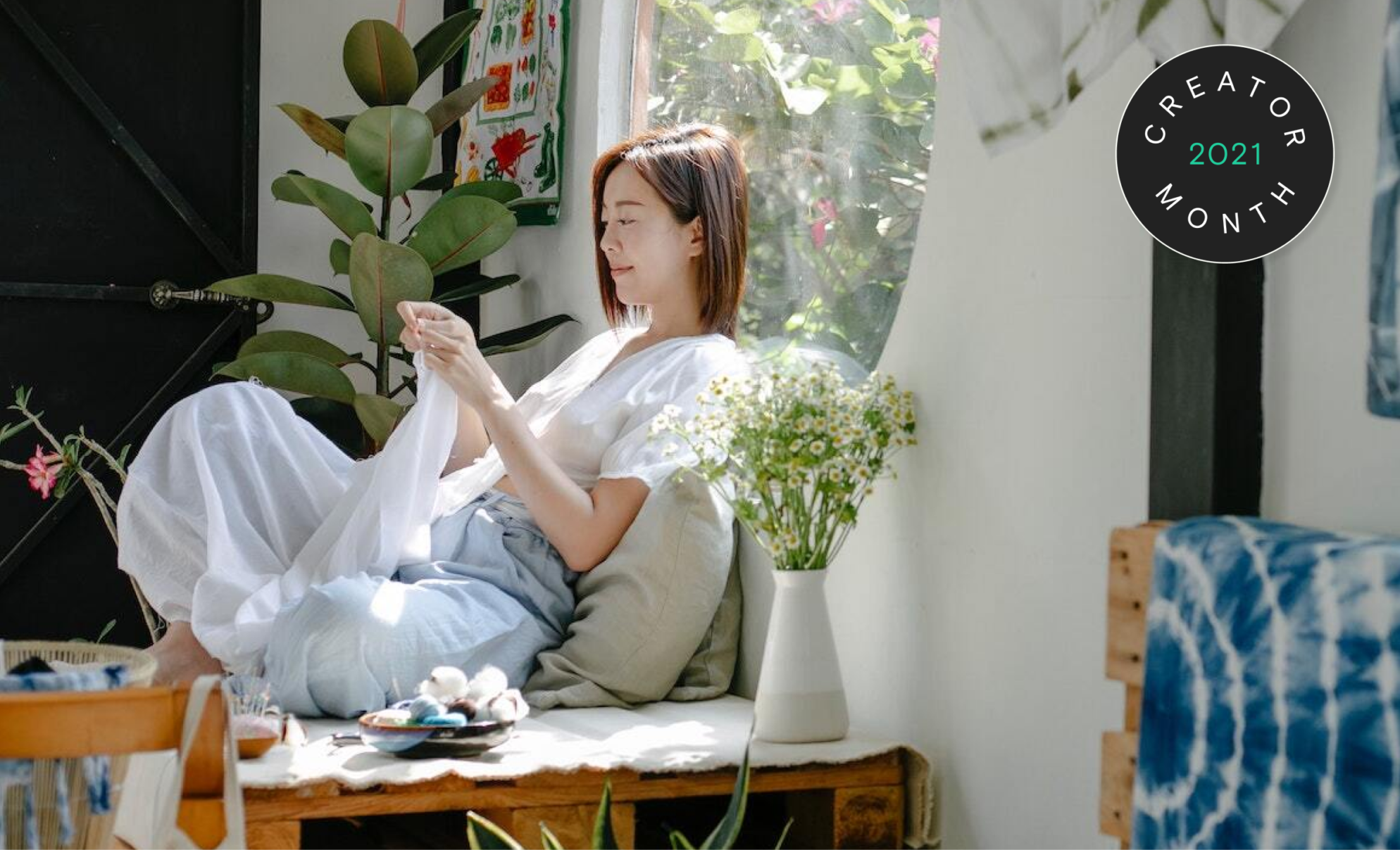 woman working on couch