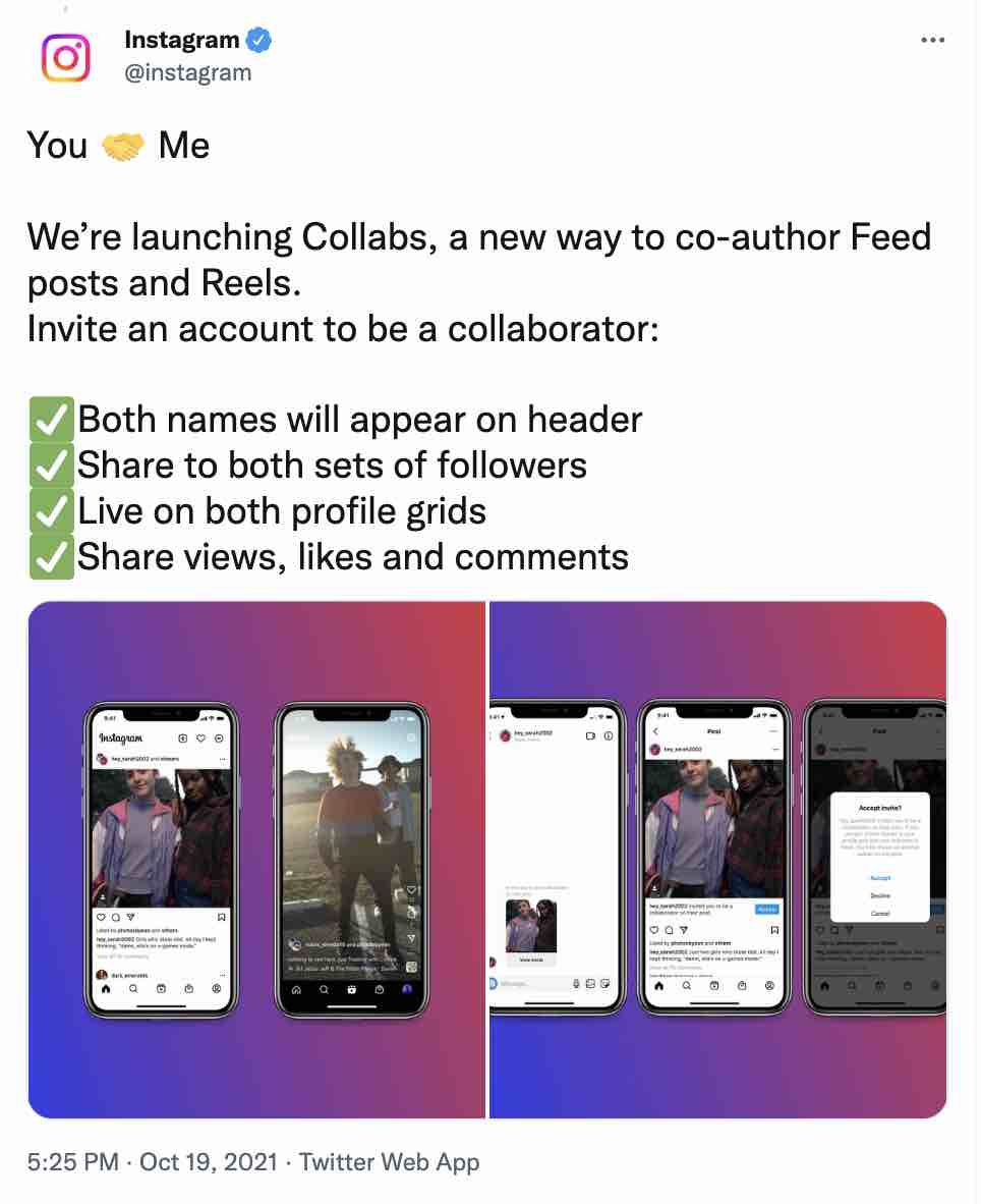 Screenshot of the Instagram collab announcement on Twitter