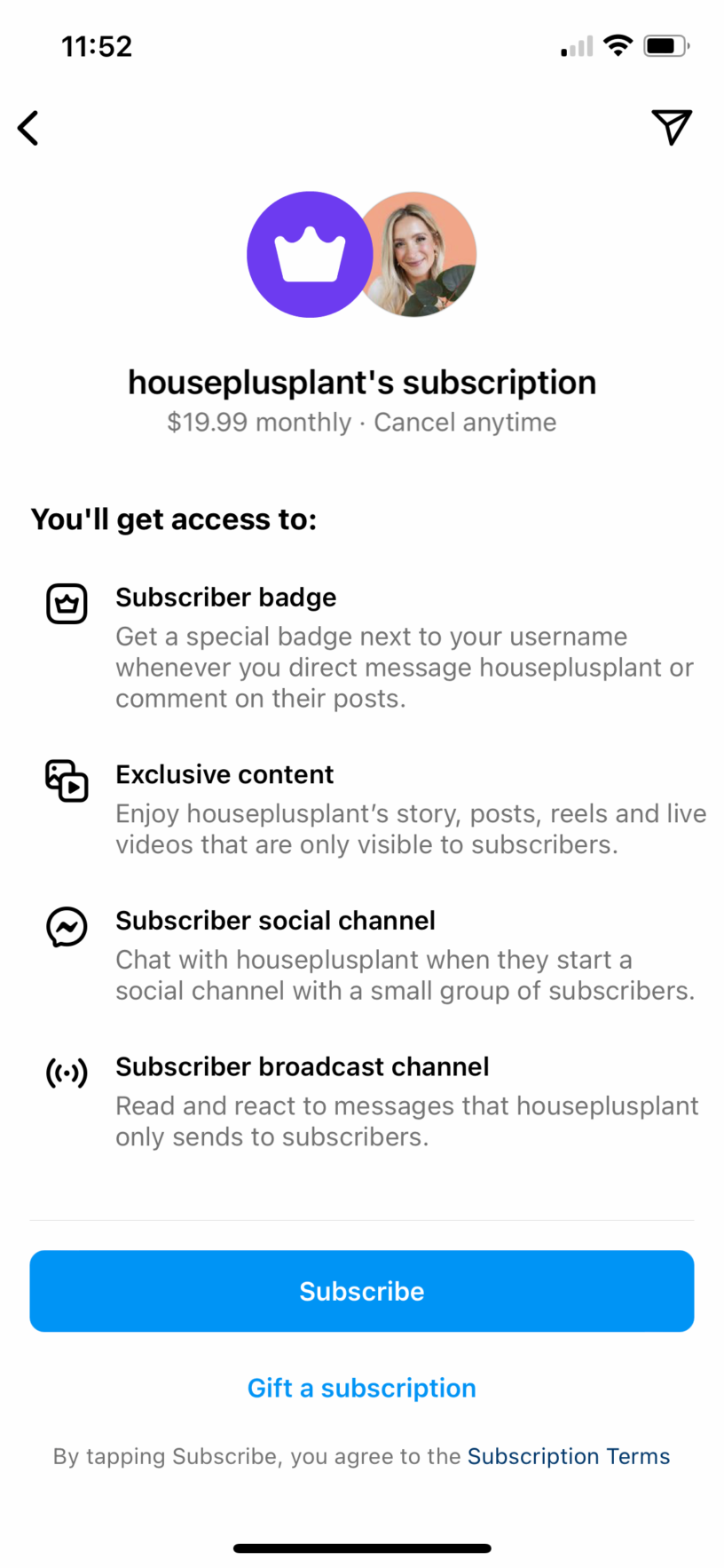 Instagram subscription screenshot