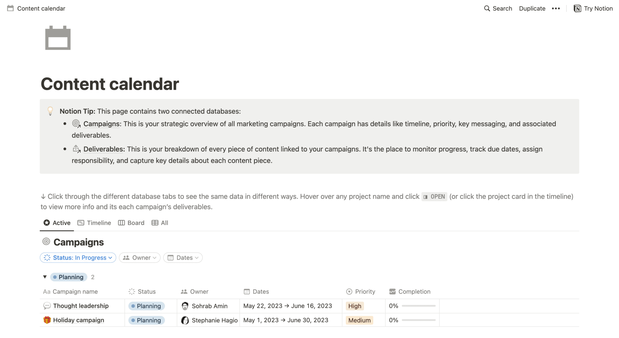 Notion: content calendar template