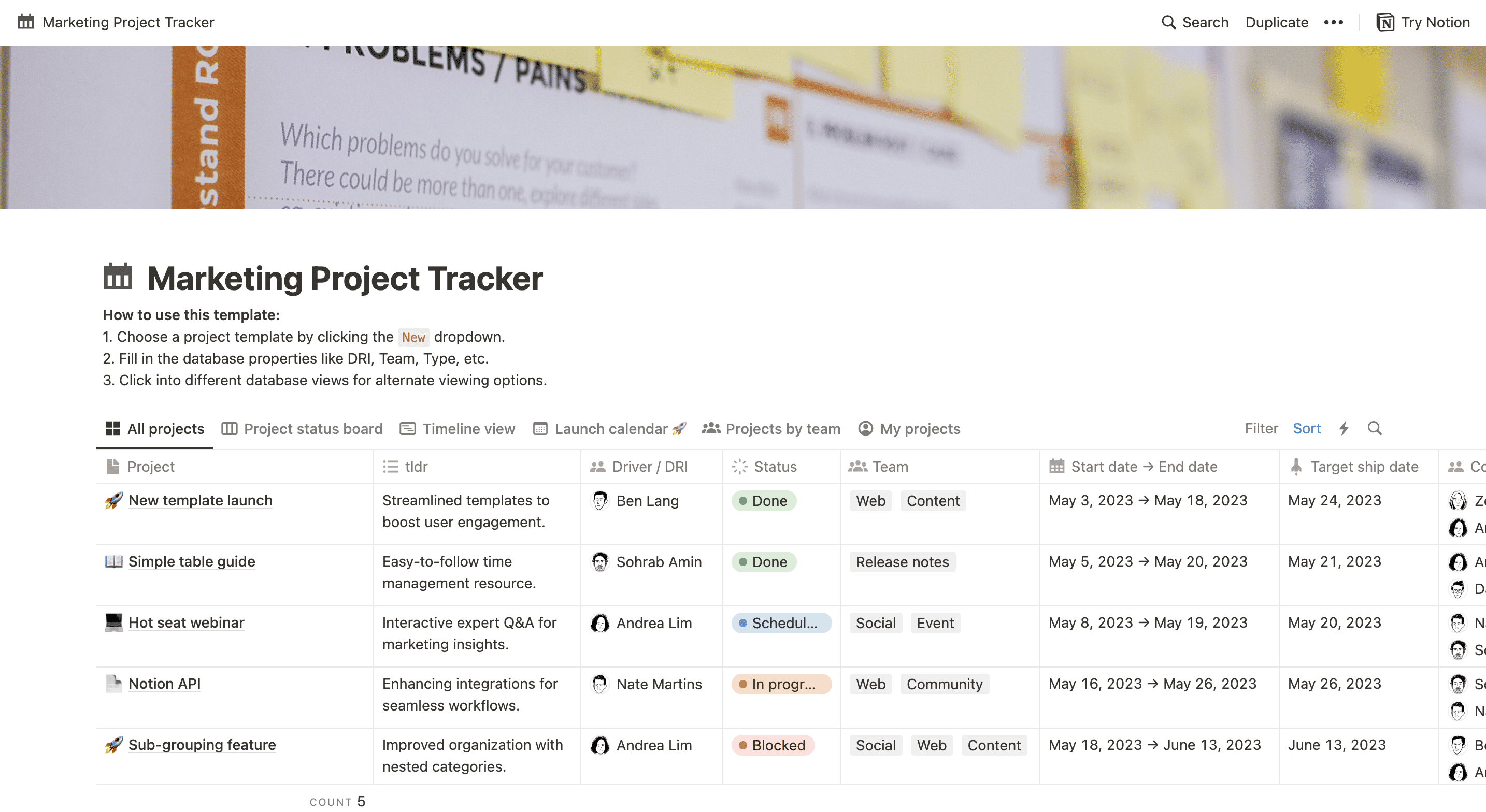 Notion: marketing sponsorships tracker template